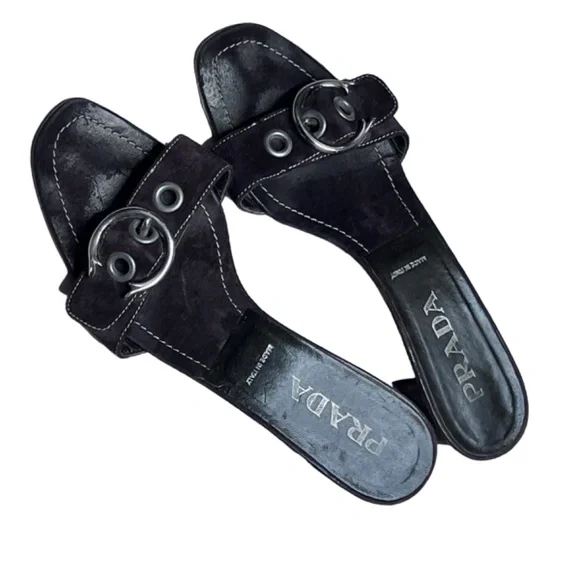 Prada Low Block Heel Buckle Strap Slide On Suede Leather Sandal - Picture 5 of 15